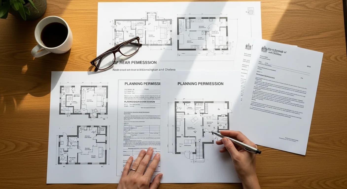 Illustrative extension plans and planning documents arranged on an architect’s desk
