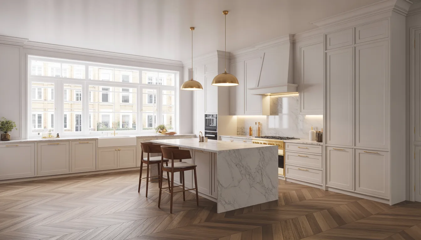 Illustrative premium London kitchen with pale cabinetry, a marble island and brass lighting