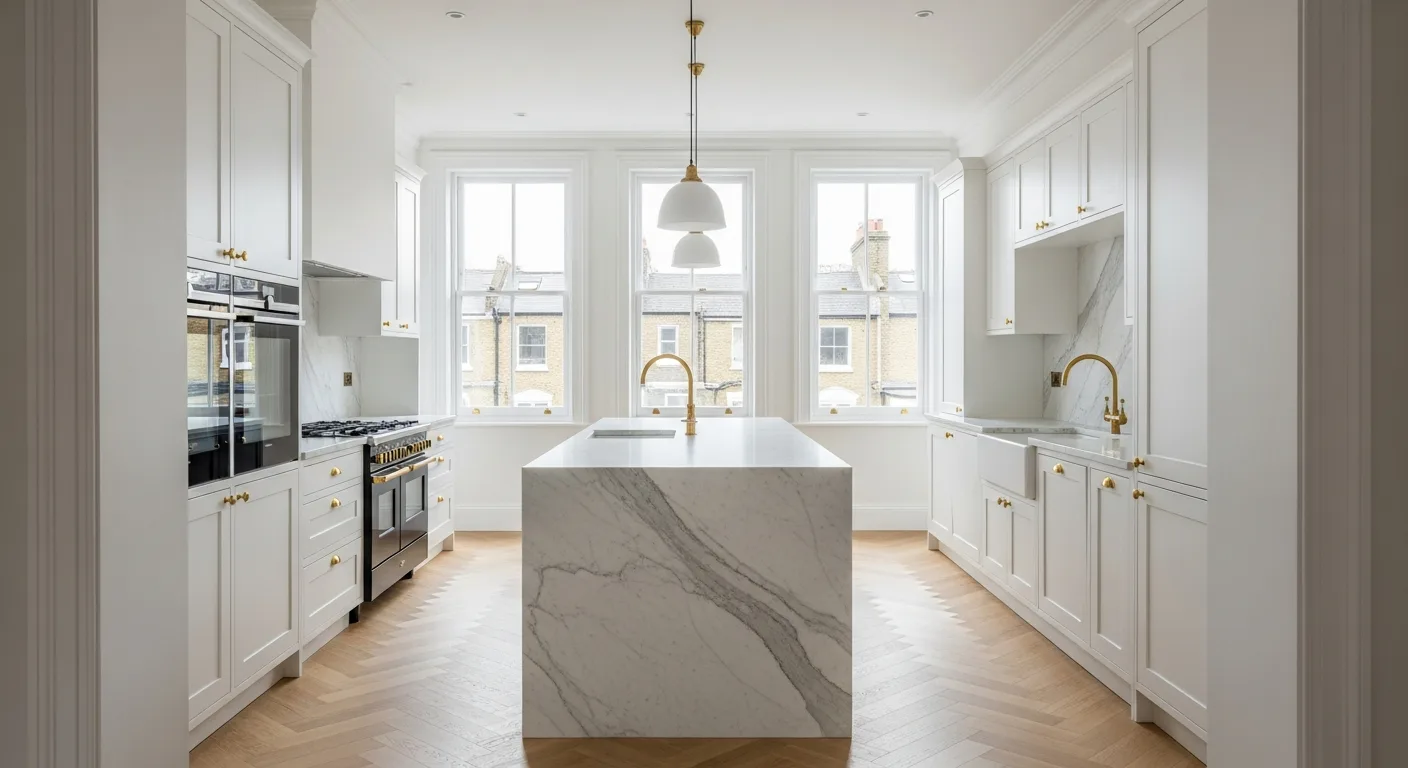 Illustrative completed London kitchen with a stone island and tall sash windows