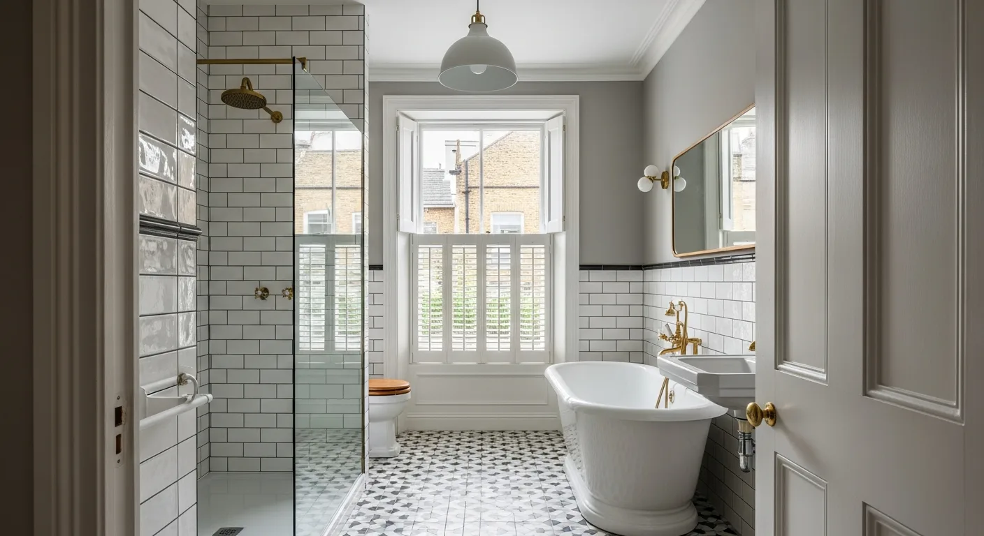 Illustrative Victorian-style London bathroom with a freestanding bath, brass fittings and glazed tiles