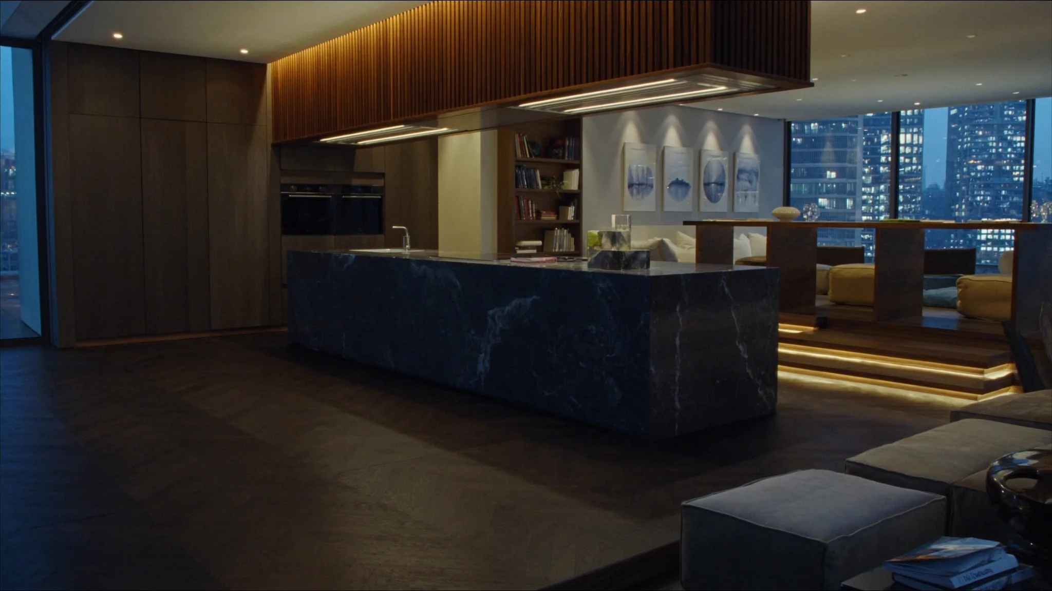 Illustrative dark travertine and smoked oak kitchen in a riverside London apartment