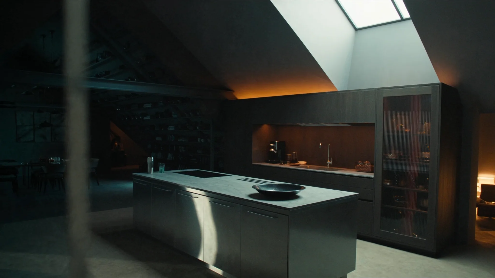 Illustrative brushed steel and smoked oak kitchen beneath a Westminster rooflight
