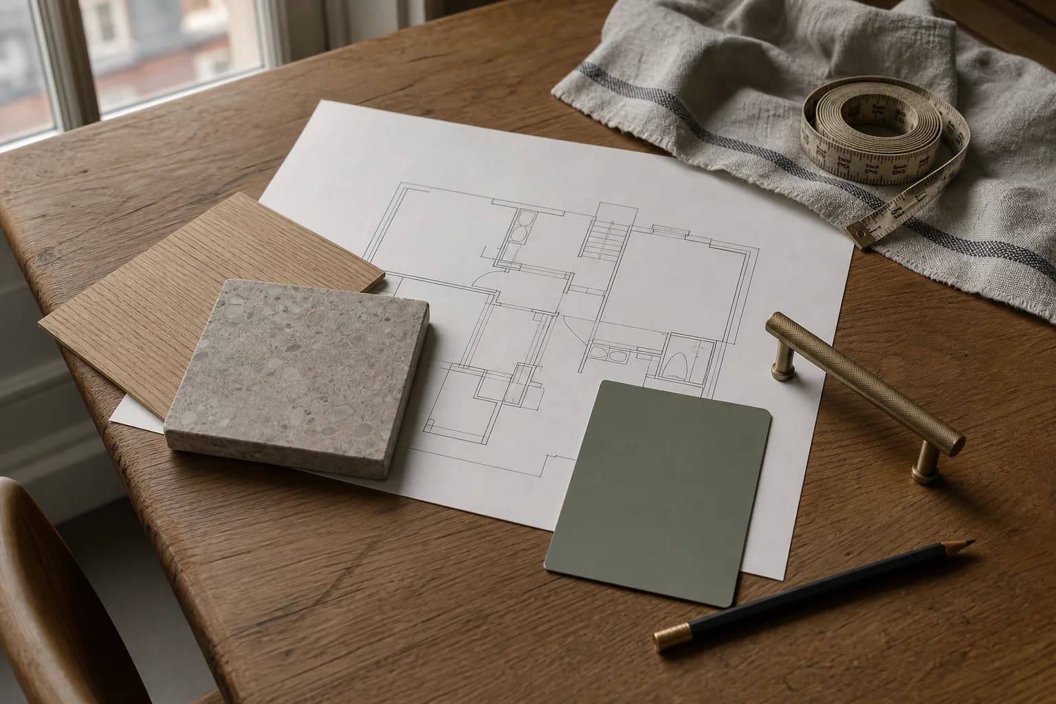 Illustrative floor plan with timber, stone, paint and hardware samples